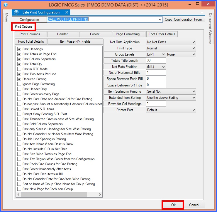 fmcg sale multiple printing configuration